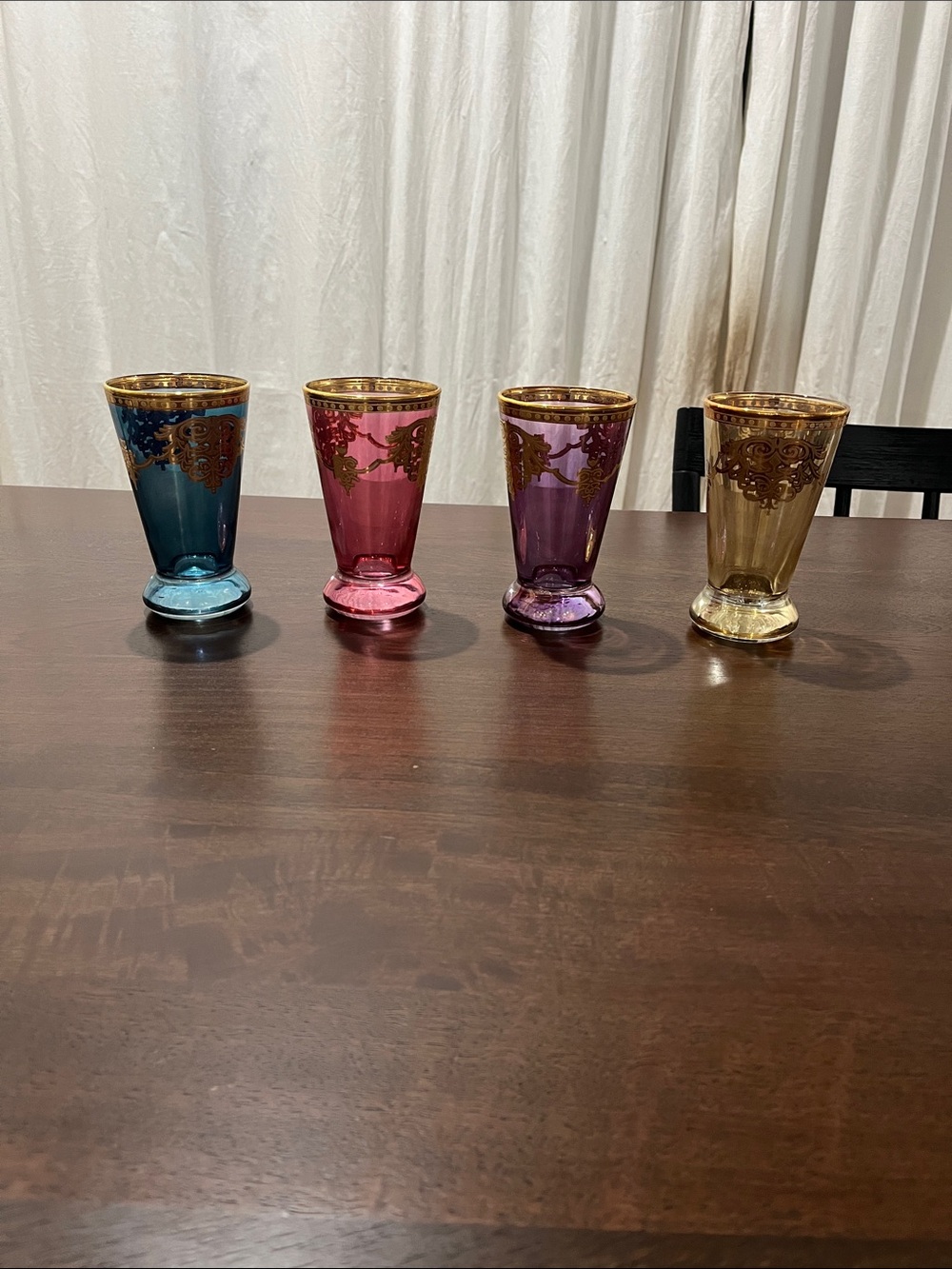 Set of Colored Gold-Trimmed Cocktail Glasses
